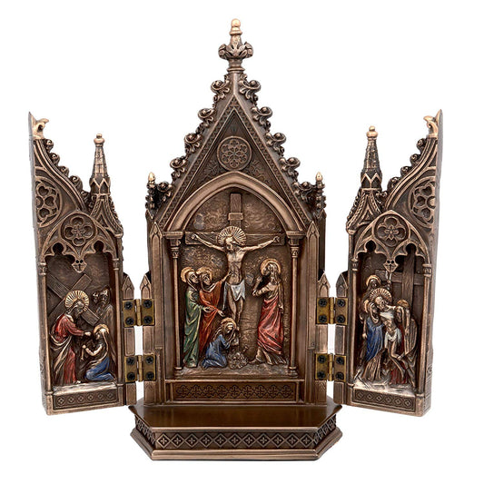 AONA Resin Hand-Painted Gothic Stations of the Cross Triptych - Catholic Home Decor