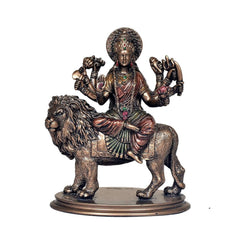 MAA Durga polyresin sculpture on lion, ornate halo and raised hands, antique gold tone