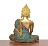 Back view of brass meditating Buddha statue, turquoise beaded robe details