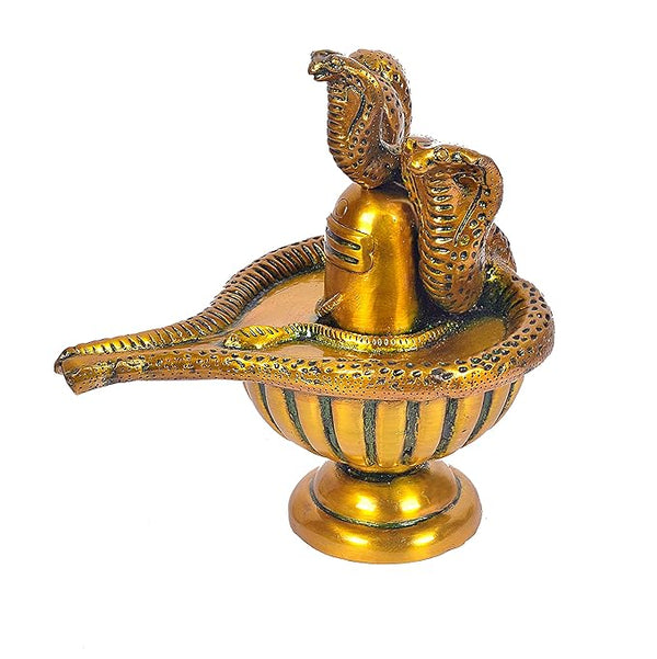 Brass Shivling Statue with Three Snake Height 11 Inches Study Setting