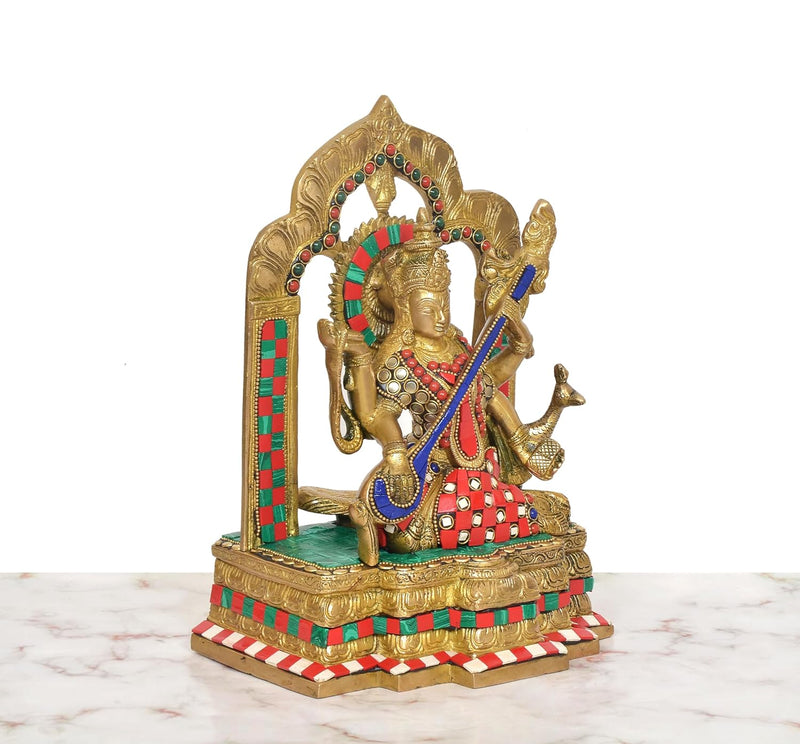 Brass Goddess Saraswati On Throne Idol (Height: 11 inch)