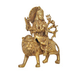 Brass Durga Maa idol on lion, three-quarter view with lion face details