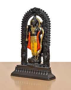 Resin Ram Lalla murti in dark stand, orange-red cape over yellow dhoti