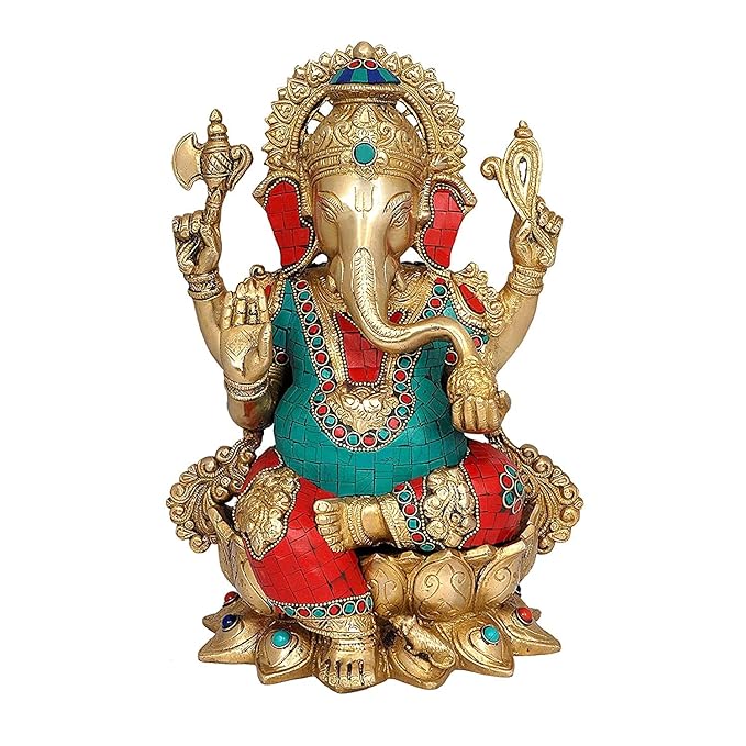 Brass Ganesha Sitting On Lotus Pedestal Statue (Height 13.1 Inch)