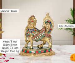 Brass cow calf with wings showpiece, multicolor gems; height 6 in