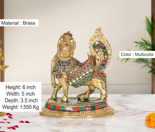Brass Kamadhenu Cow Calf with Wings Showpiece (Height: 6 inch)