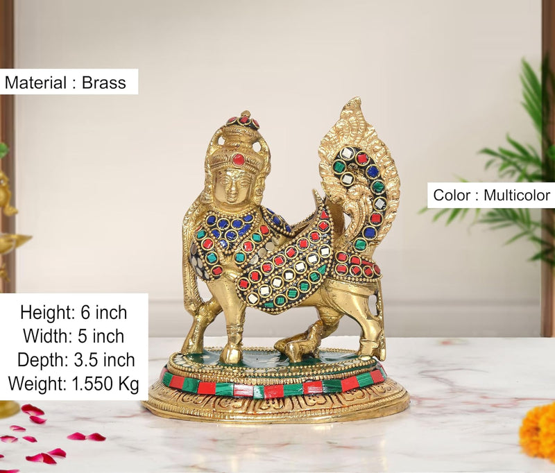 Brass Kamadhenu Cow Calf with Wings Showpiece (Height: 6 inch)