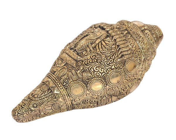 Brass Vishnu Dasavtar Shankh Wall Hanging Shankh Vishnu Dasavtar Design on Shankh Home Decor, Mandir Pooja Temple (Height 9.5 Inch) Study Setting