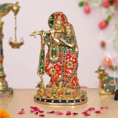 Messing-Radha-Krishna-Statue (11 Zoll) mit farbigen Dekoren, stehendes Paar in Umarmung