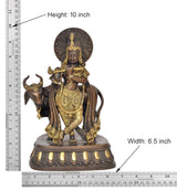 Maßfoto: Krishna-Statue (10 Zoll) mit Kuh und Flöte, runde Aureole, Sockel