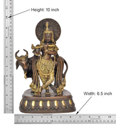 Maßfoto: Krishna-Statue (10 Zoll) mit Kuh und Flöte, runde Aureole, Sockel