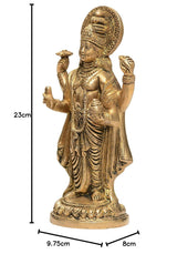 Brass Dhanvantari statue, front view with measurements; 9-inch height shown