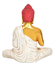 Buddha statue from behind, red jeweled crown, gold body, white robe draped over shoulder