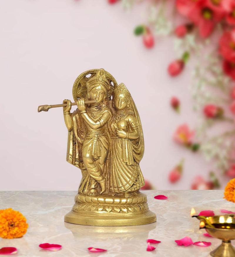 Brass Radha Krishna Idol Statue for Home Decor and Pooja Mandir Temple Office Decor (Height 5.5 Inch)