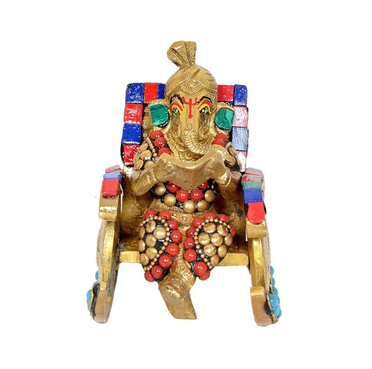 Brass Ganesha Statue Book Reading Turbaned Ganesh Sitting on Chair Sculpture for Home DecorMulticolor (Height 5 inch) (Multicolor)