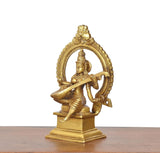 Brass Maa Saraswati statue side view, seated veena player through circular arch