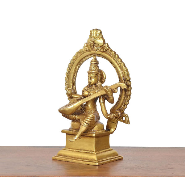Brass Maa Saraswati Statue Handcrafted Hindu Goddess Saraswati Idol for Home Decor and Pooja Statue (Height 6 Inch) Study Setting