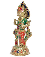 Radha brass idol, side view, blue jeweled headdress, red dress with green floral motifs