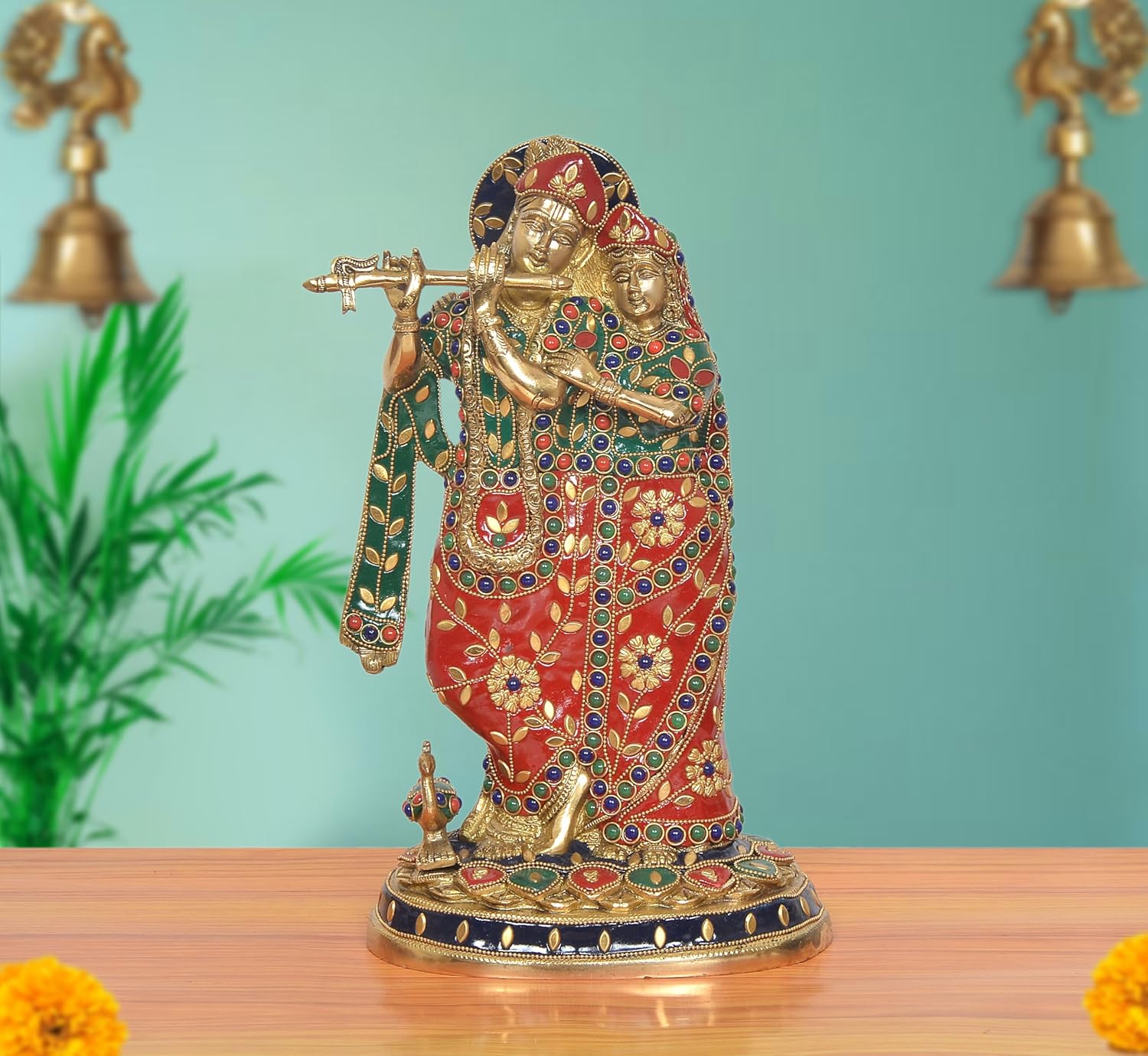 AONA Brass Standing Radha Krishna Idol with Peacock Playing Flute