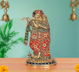 Brass Radha Krishna standing idol with flute, multicolor jeweled outfits