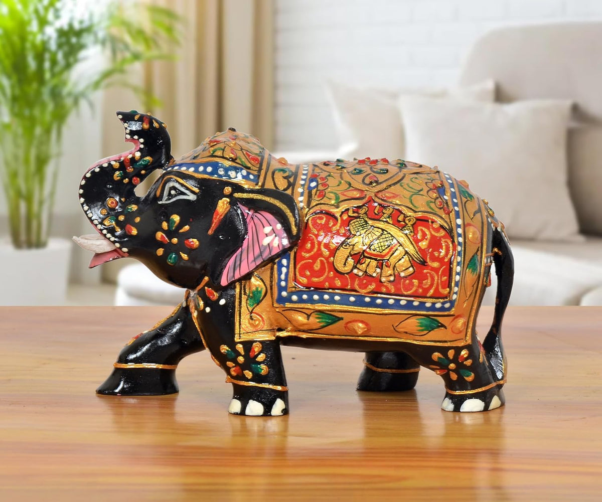 3-inch wooden elephant showpiece, black with multicolor painted details and jeweled trim