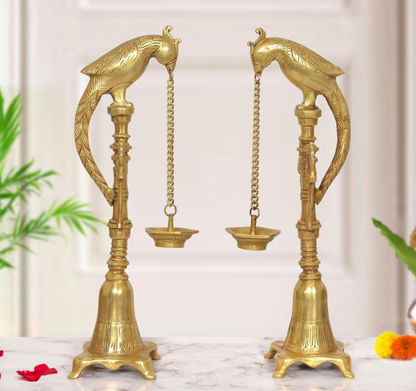Brass Parrot Hanging Chain Oil Lamp Stand Diya |Set of 2| (Height: 16.5 Inch)