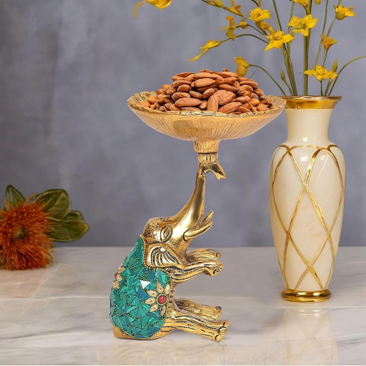 Metal Golden Elephant Dry Fruit Bowl Showpiece (Height 7 Inch)
