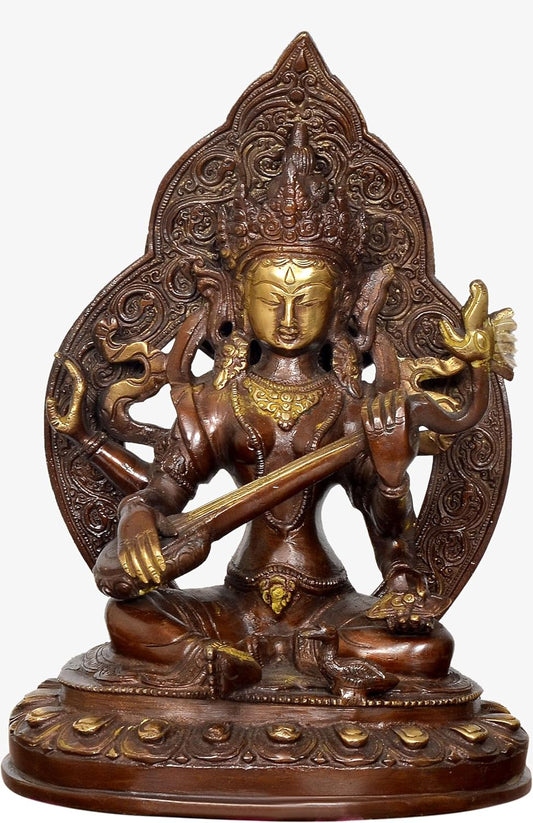 Brass Tara Devi Statue Goddess Saraswati in Nepalese Style for Home Decor and Office, Thoughtful Spiritual Gift (Height 9 Inch)