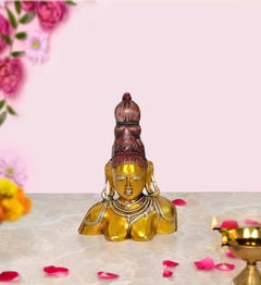 Brass Parvati bust statue, about 10 inch tall, gold face with brown headdress