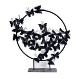 Black iron butterfly tabletop stand with circular hoop and flat metal base