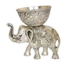 Silver elephant metal showpiece bowl, detailed engraved body and patterned cup top