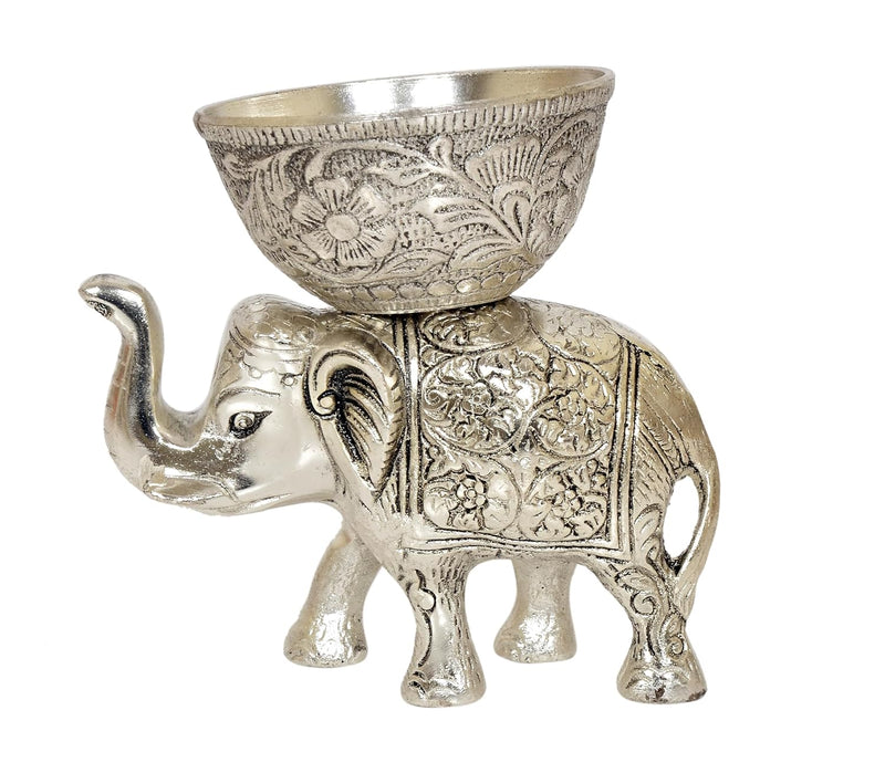 Metal Elephant Dry Fruit Bowl Showpiece Silver Polish Pack of 2 (Height: 5 Inch)