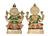 Brass Lakshmi Ganesh statue rear view, gold back panels and decorated waist cloths