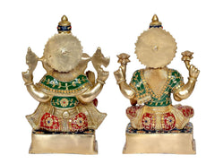 Brass Lakshmi Ganesh statue rear view, gold back panels and decorated waist cloths