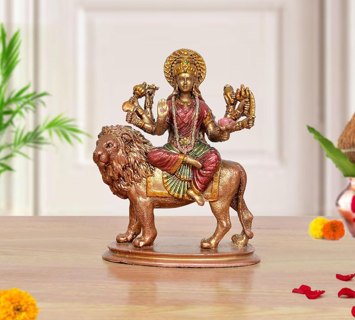 Resin Durga Maa idol on lion, 3.5 in, seated multi-armed goddess with crown