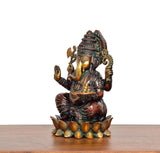 Lord Ganesha brass idol in profile with raised hands, seated on lotus base, 5 in