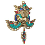 Brass Ganesha wall hanging side view, turquoise and red mosaic accents, hanging loop