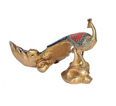 Brass peacock showpiece in profile with ornate painted tail and detailed base