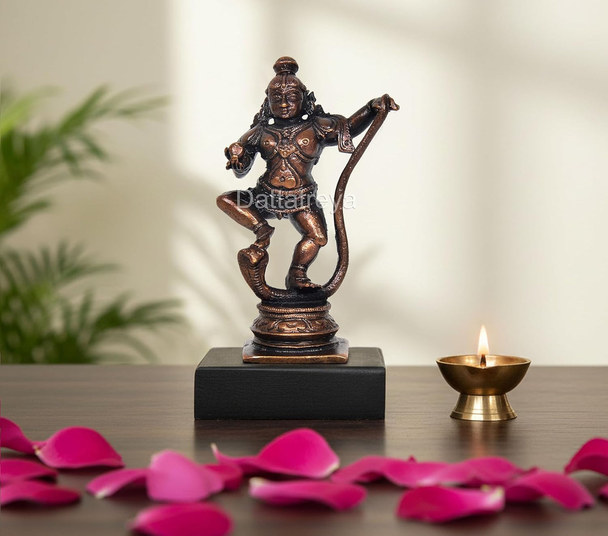 Copper Krishna Bhagwan Murti Dancing on Kaliya Naag Religious Statue (Height:4.5 Inch)