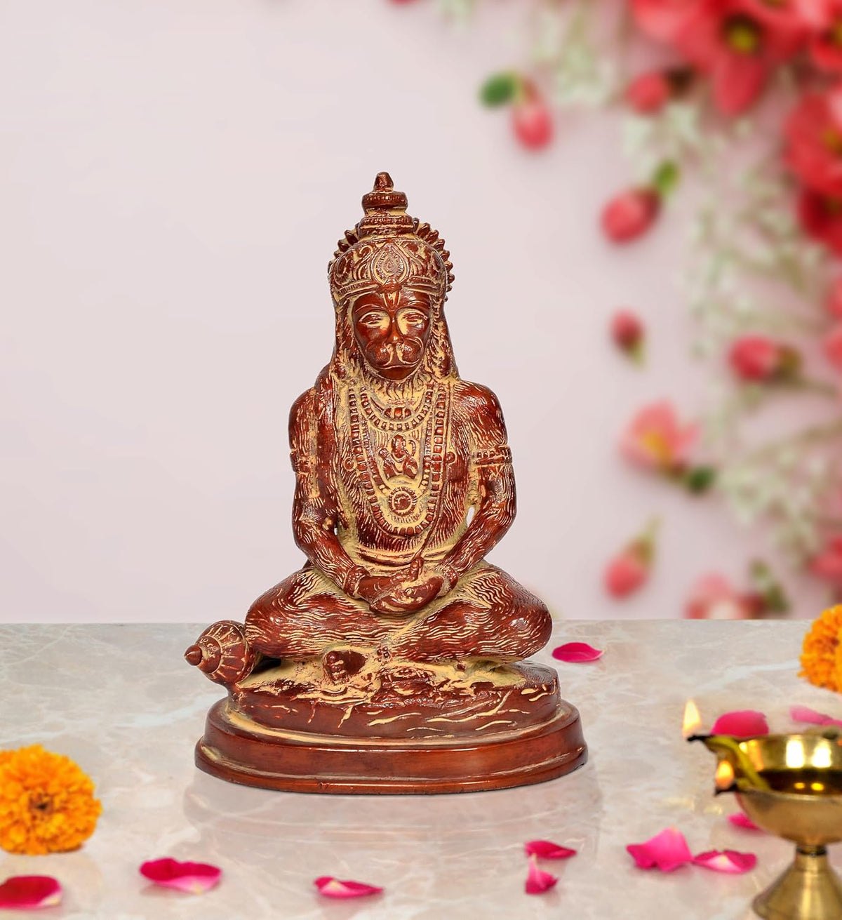 Bronze-toned brass Hanuman meditating idol statue, seated on round base, front view