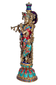 Radha Krishna brass sculpture figure, side view with ornate headdress and teal/red attire