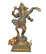 Dancing Ganesha murti brass statue on square base, teal body with gold details