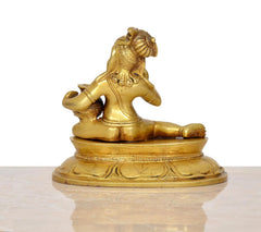 Brass Krishna Laado Gopal statue, rear view on round engraved pedestal