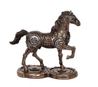 Resin mechanical horse statue on two round gear platforms, bronze and gold accents