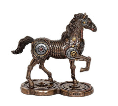 Resin mechanical horse statue on two round gear platforms, bronze and gold accents