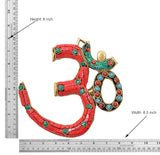 Brass OM wall hanging with red/teal/blue mosaic; Height 8 in, width 8.5 in