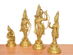 Brass Lord Ram darbar idol statues, side view showing archery bow and raised hand gestures