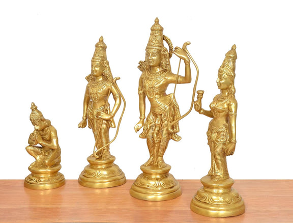 Brass Lord Ram darbar idol statues, side view showing archery bow and raised hand gestures
