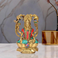AONA brass Lakshmi statue with elephants, painted details, lotus base