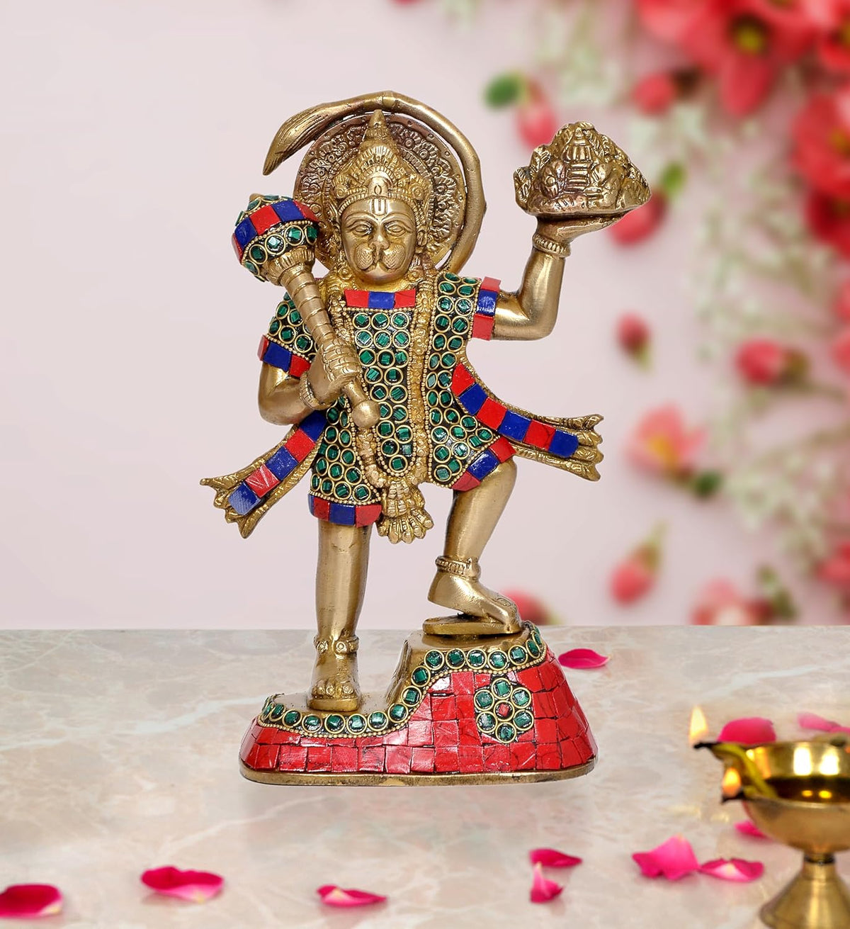 Brass Hanuman JI idol statue with mountain base, red robe and green gem trim